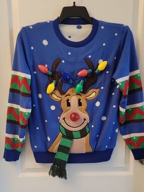 JOYIN Blue Reindeer Crewneck Sweater with Light-Up Bulb Accents